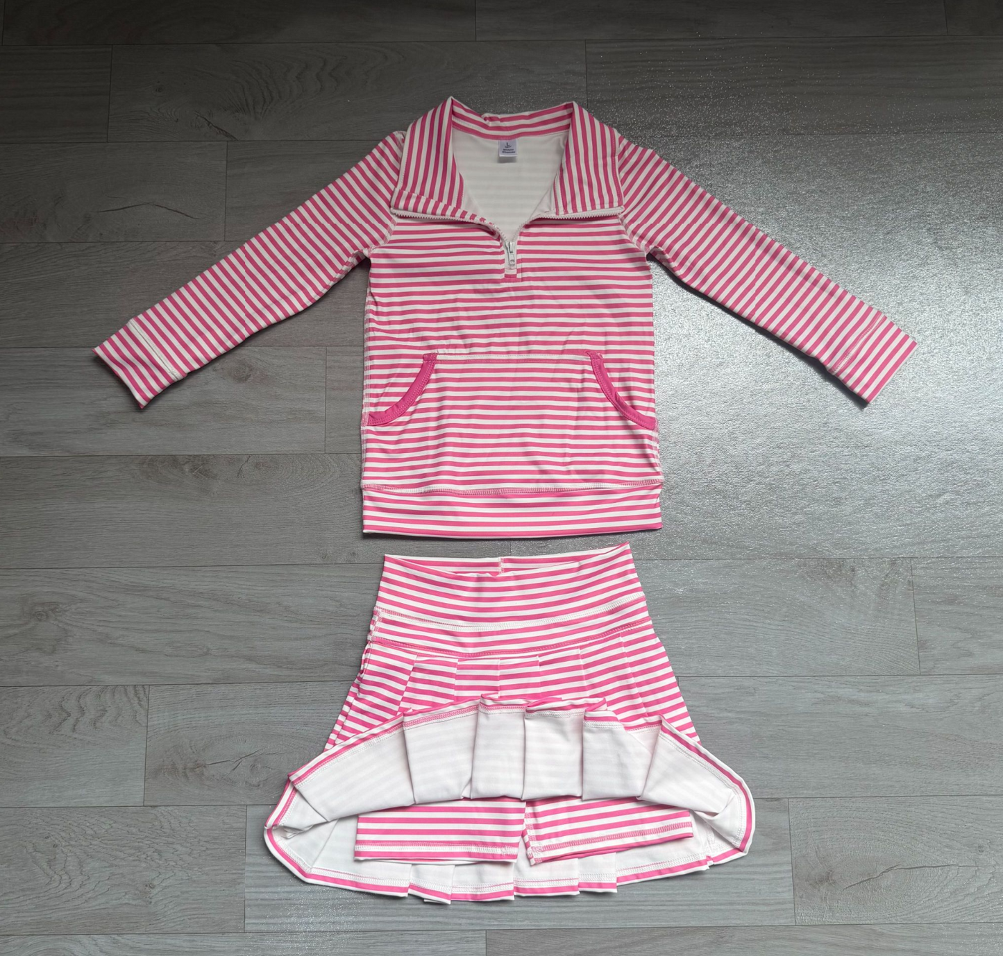 ( No moq ) Preorder Baby Girls Kids Long Sleeves Pink Stripes Zipper Shirt Skirt Shorts Set Yoga Active Clothes