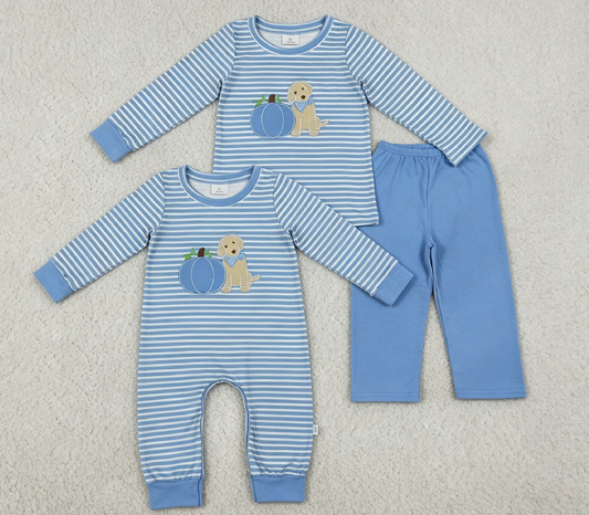 Sibling Baby Boys Embroidery Pumpkins Dogs Blue Stripes Romper Set Thanksgiving Clothes RTS