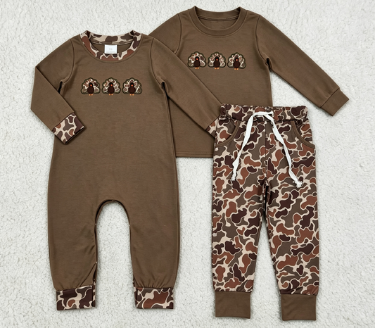 Sibling Baby Boys Kids Long Sleeves Embroidery turkey Romper Set Thanksgiving Camo Clothes RTS