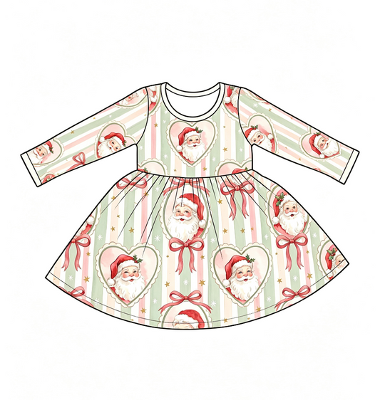 ( Moq 5 ) Custom Baby Girls Kids Santa Bows Stripes Knee Length Dress Christmas Clothes