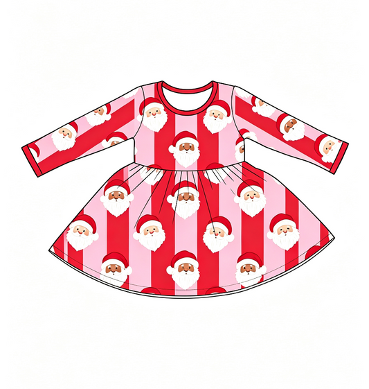 ( Moq 5 ) Custom Baby Girls Kids Santa Stripes Knee Length Dress Christmas Clothes