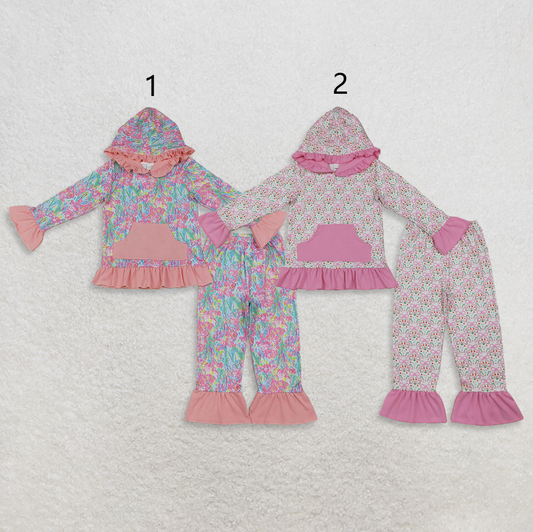 Sibling Baby Girls Kids Long Sleeves Pockets Hoodie Shirts Flower Pants Sets Clothes RTS