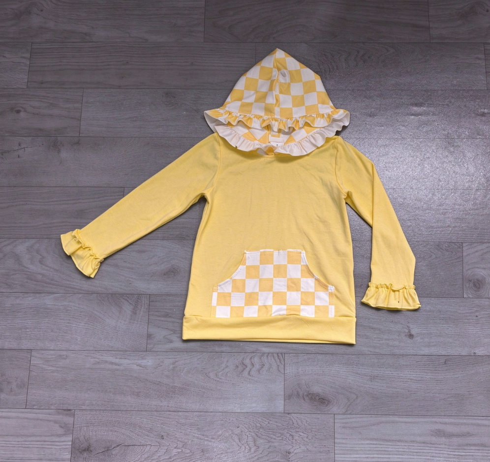 ( No moq ) Preorder Baby Girls Kids Long Sleeves Yellow Hoodie Checked Pocket Pullover Tops Clothes
