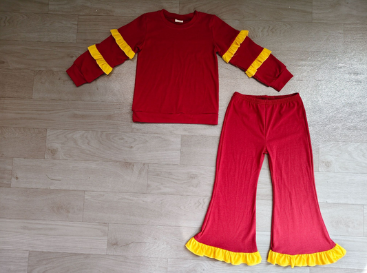 ( No moq ) Preorder Baby Girls Kids Yellow Ruffle Long Sleeves Shirt Pockets Pants Cotton Set Red Clothes
