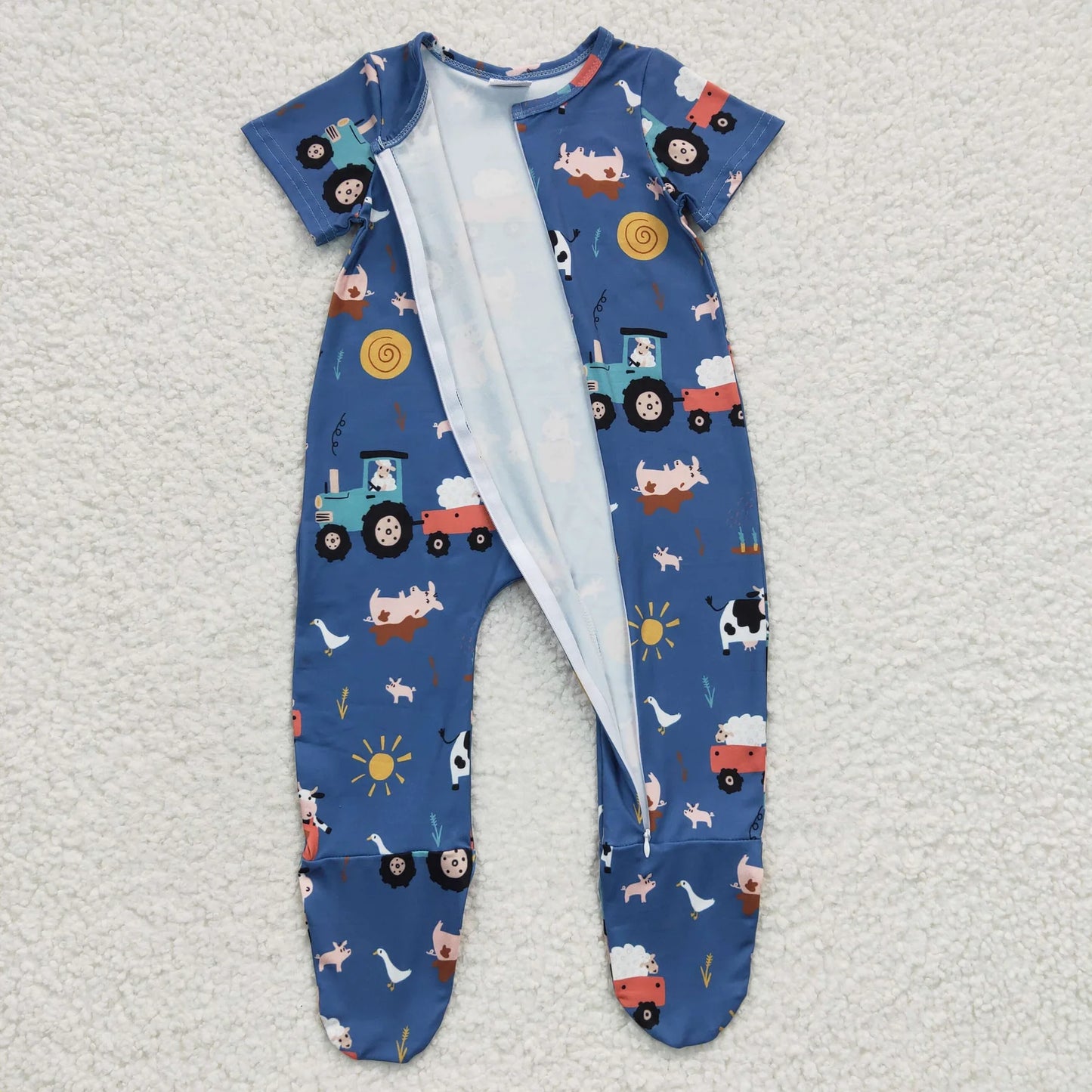 Promotion Baby Boy Kids Farm Boots Short Sleeves Zipper Romper Footed Coverall
