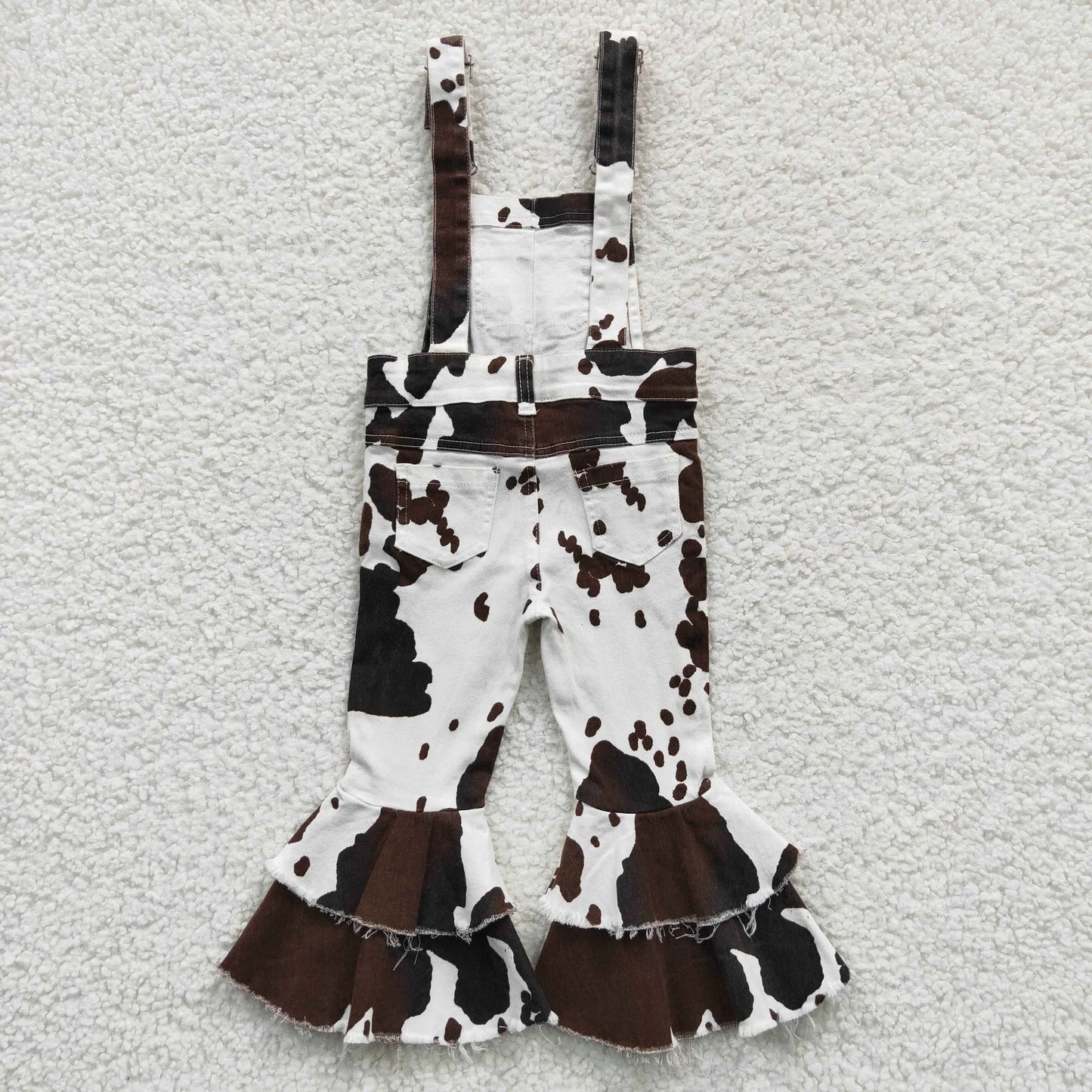 Baby Girls Kids Western Cow Print Denim Bell Pants Jeans Bottoms Jumpsuit RTS