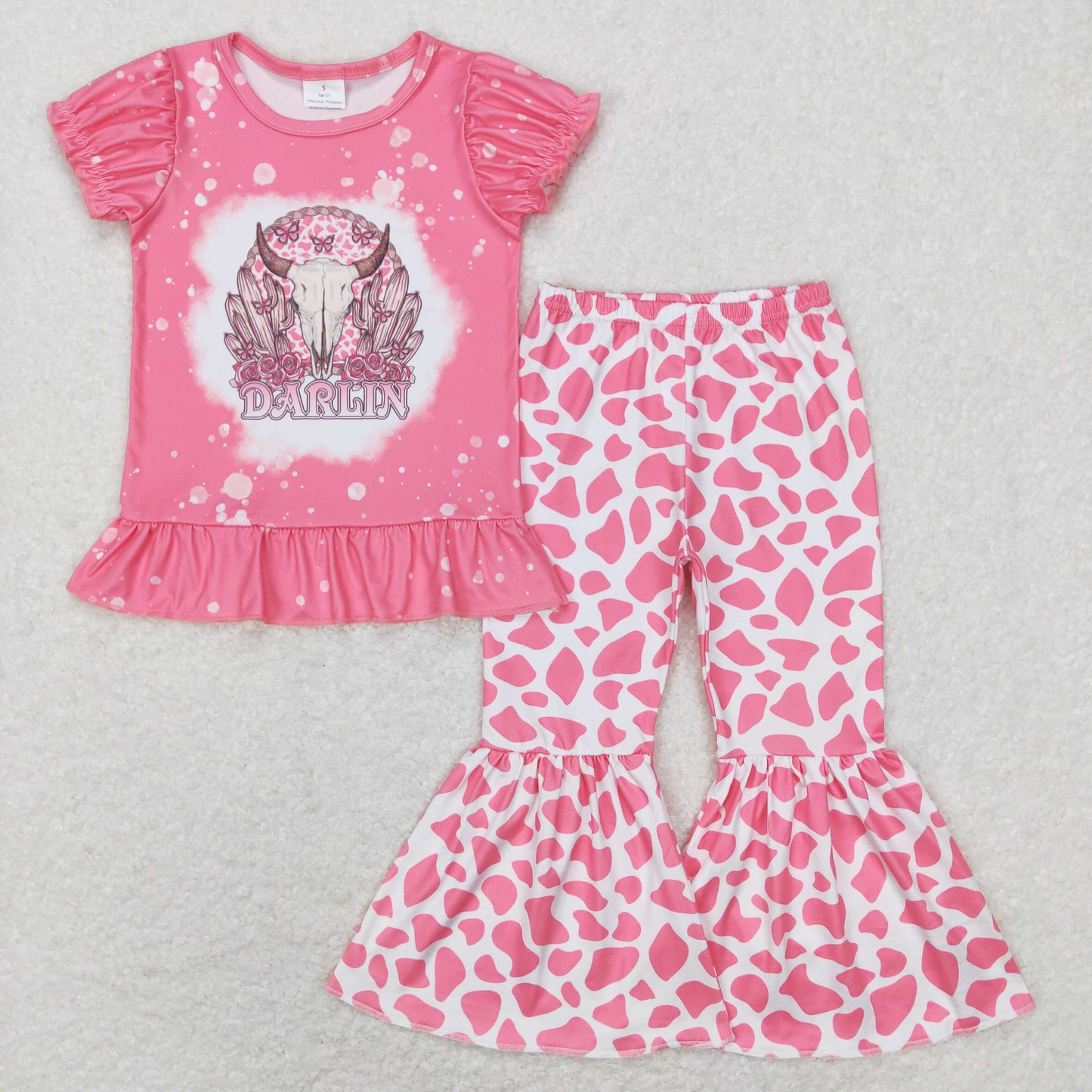 GSPO1052 Baby Girl Pink Short Sleeves Cow Cactus Shirt Leopard Bell Pants Western Set