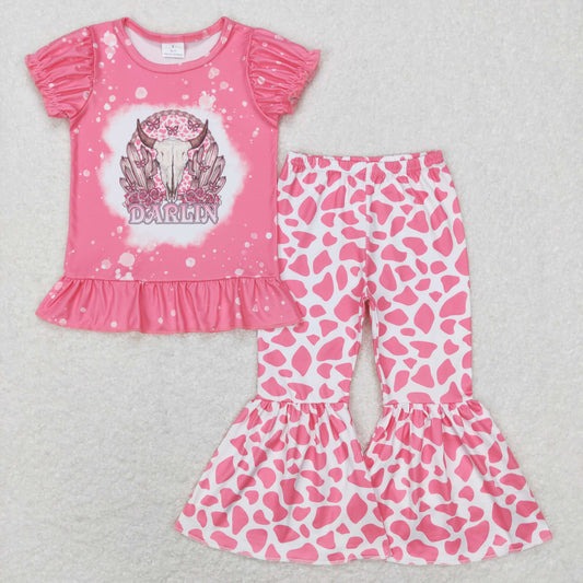 GSPO1052 Baby Girl Pink Short Sleeves Cow Cactus Shirt Leopard Bell Pants Western Set