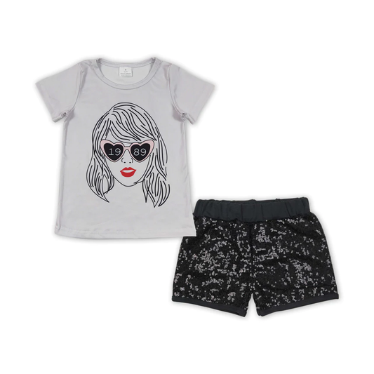 GSSO0898 Baby Girl Short Sleeves Singer Shirt Black Sequins Shorts Set