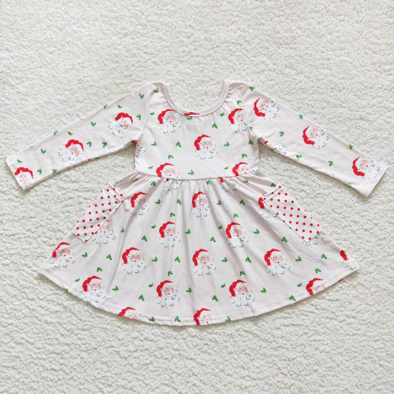 GLD0369 Christmas Santa Baby Girl Pink Long Sleeves Pocket Dress