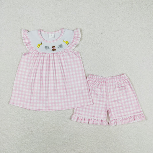 Baby Girl Short Sleeves Embroidery Giraffe Elephant Tops Pink Plaid Shorts Summer Set