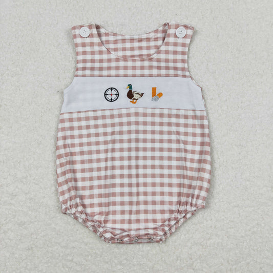 Baby Boy Sleeveless Embroidery Duck Plaid Bubble One Piece Summer Romper