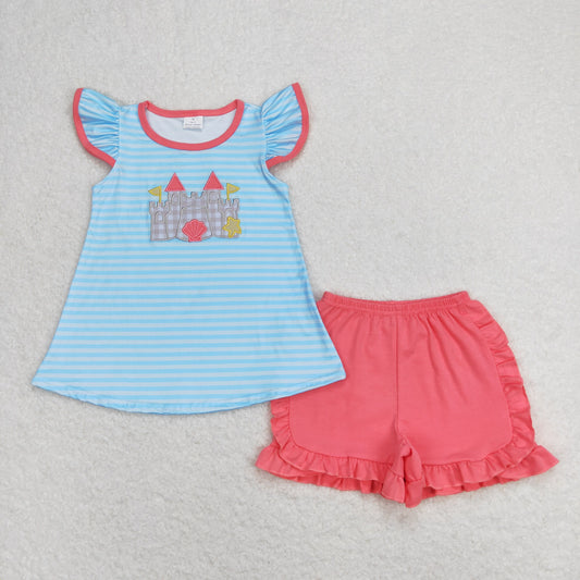 Baby Girl Short Sleeves Embroidery Castle Stripes Tops Cotton Shorts Set