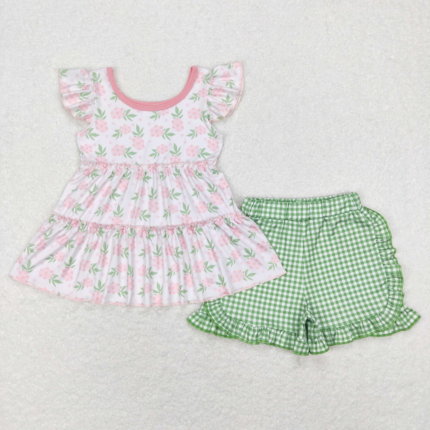 GSSO0440 Baby Girl Short Sleeves Floral Tops Green Checkered Shorts Set