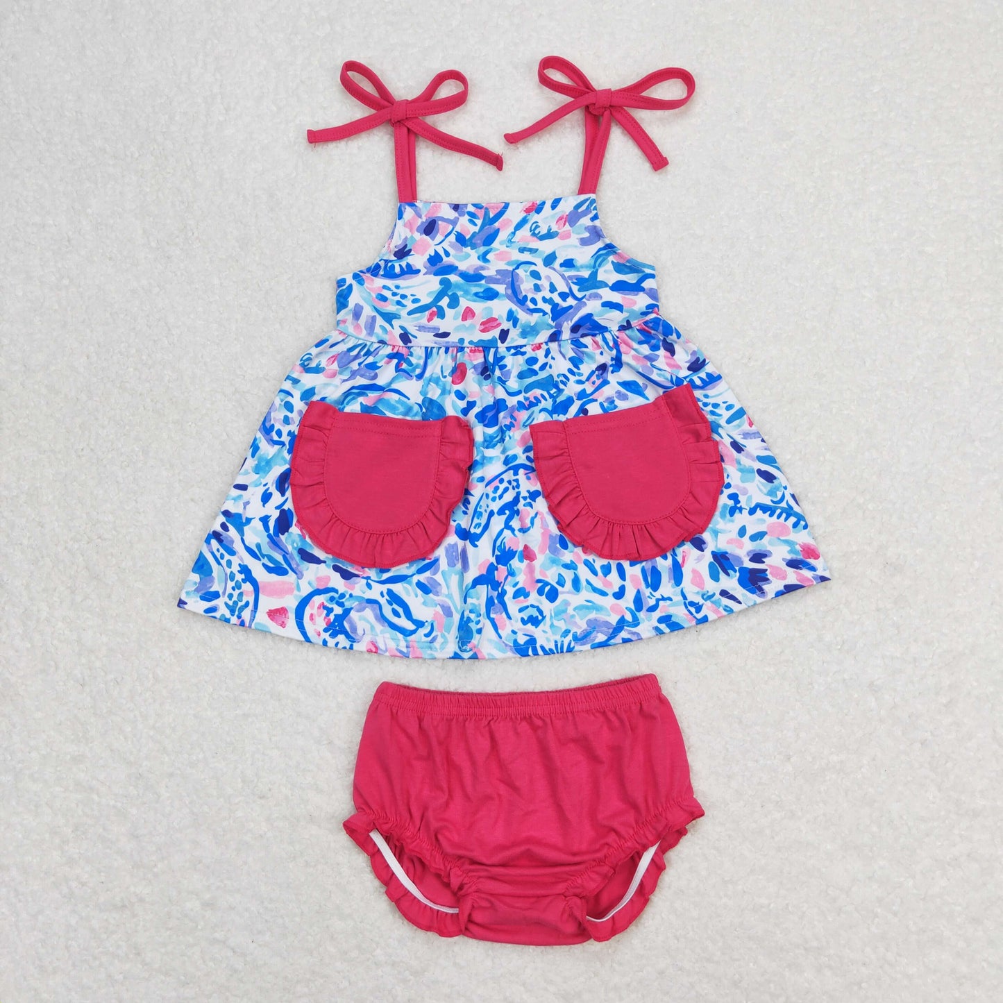 Baby Girl Sleeveless Pocket Blue Tops Pink Bummies Shorts Set