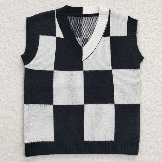 GT0187 Baby Kids Black White Checkered Print Sweater Vest