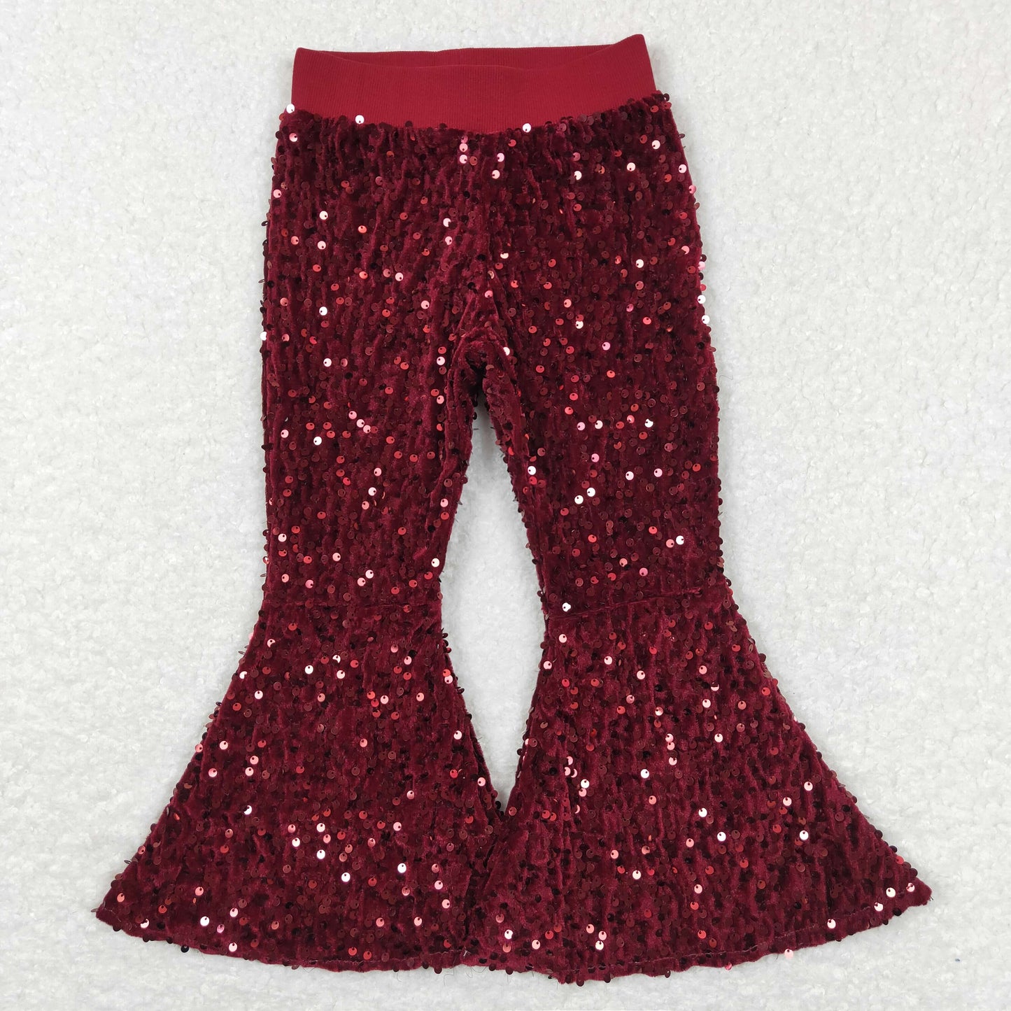 P0338 Baby Girl Dark Red Glitter Sequins With Lining Bell Pants