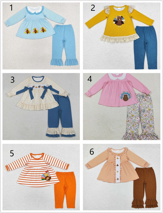 Sibling Girls Kids Embroidery turkey Tunic Pants Thanksgiving Set Clothes RTS