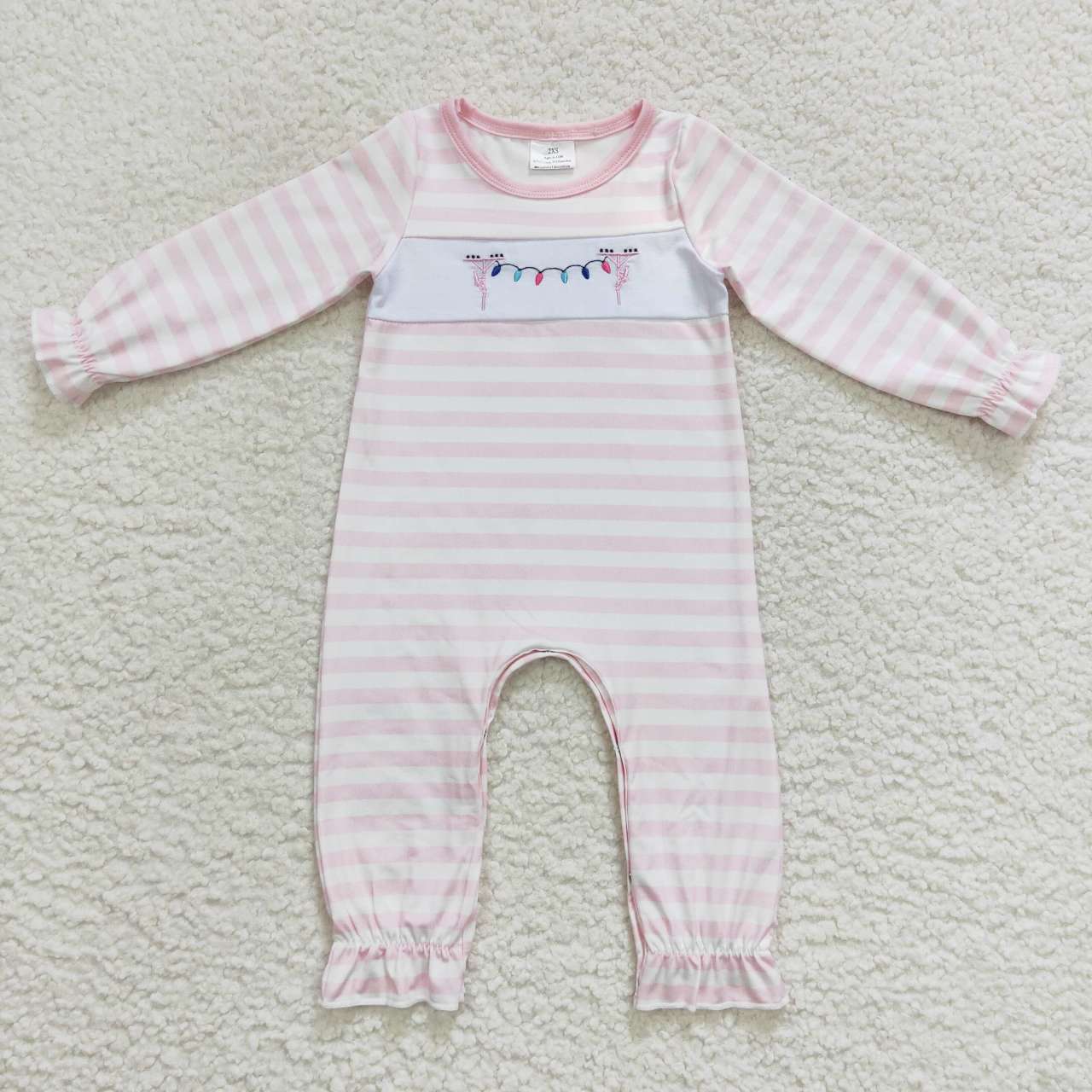 LR0582 Baby Girl Embroidery Christmas Lights Long Sleeves Pink Stripes One Piece Romper