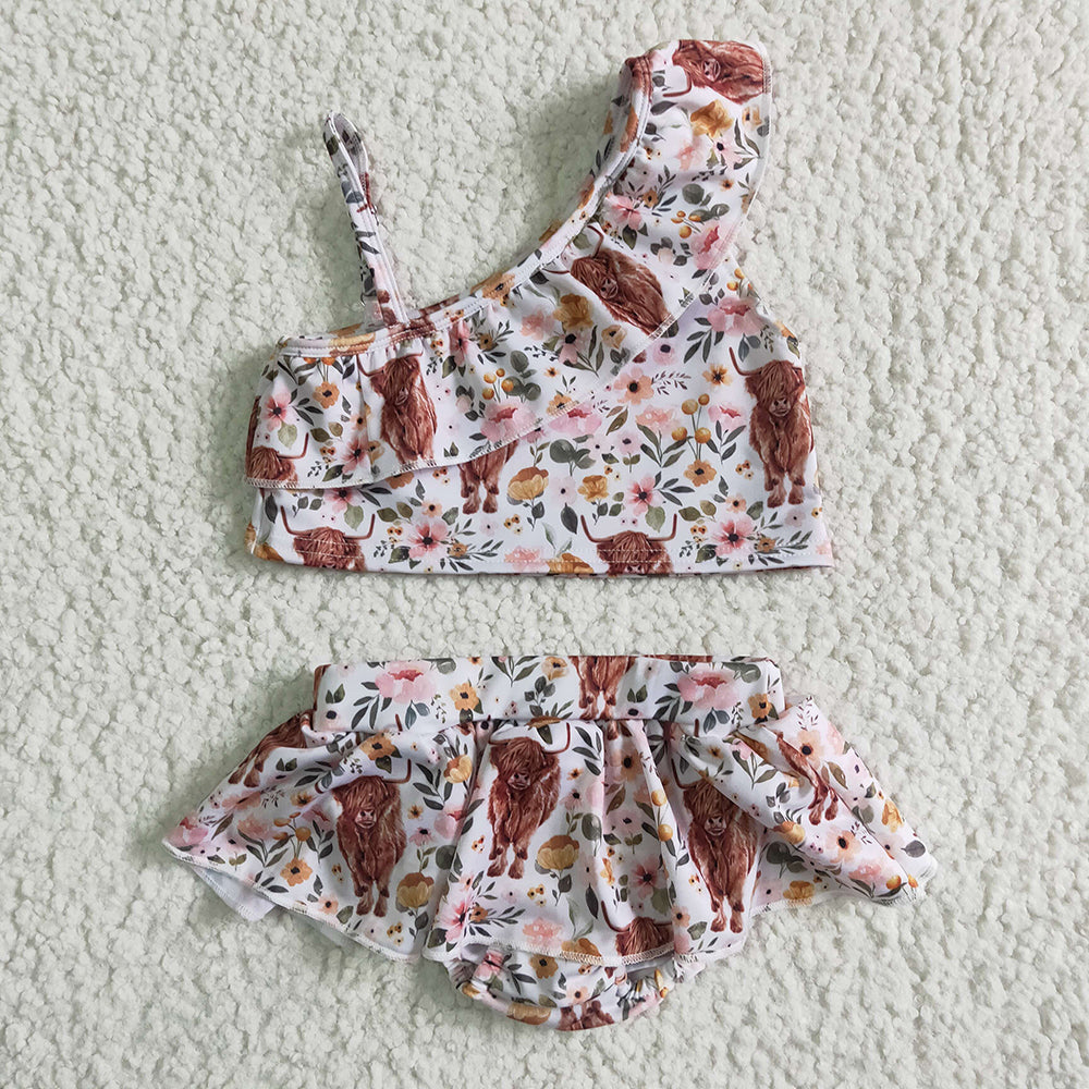 Baby Girl Short Sleeves Western Cow Flower Sibling Dress Romper Clothes Set