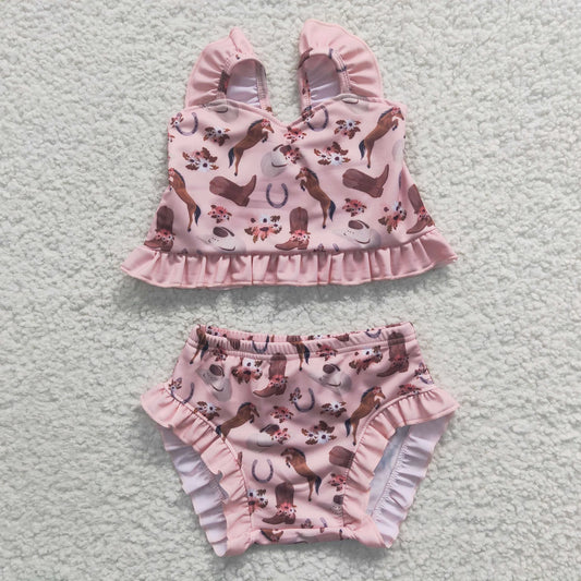 Promotion Baby Girl Western Boots Horse Floral Swimsuit Summer Bathing Suit Outfit RTS