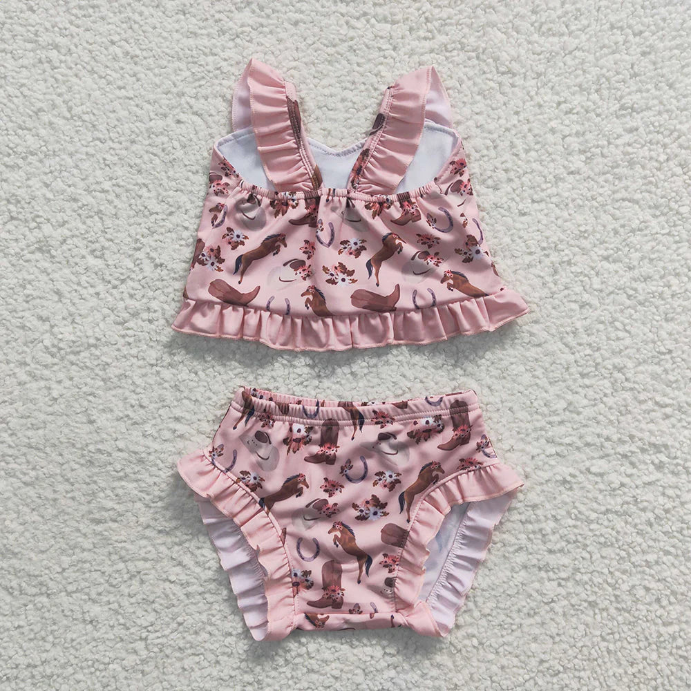 Promotion Baby Girl Western Boots Horse Floral Swimsuit Summer Bathing Suit Outfit RTS