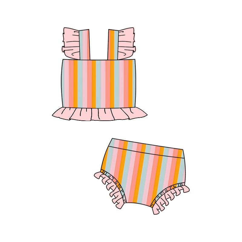 Preorder Baby Girl Short Sleeves Colorful Stripes Bummie Swimsuit ( Moq 5 )
