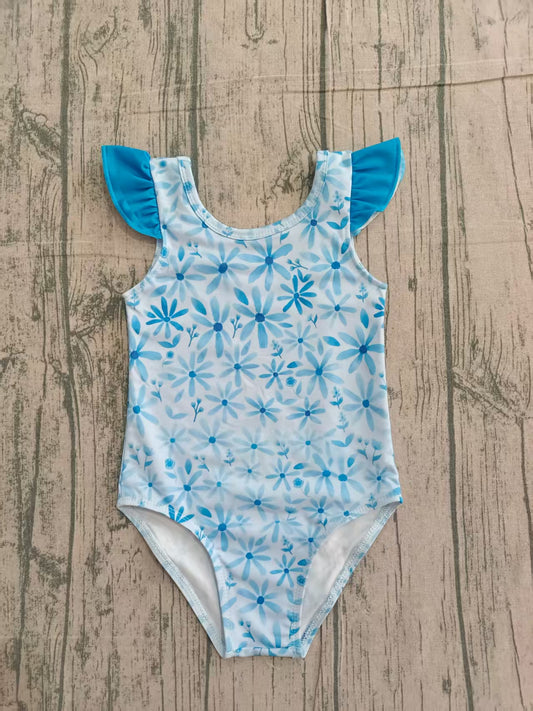 ( No moq ) Preorder Baby Girl Short Sleeves Blue Flower One Piece Swimsuit