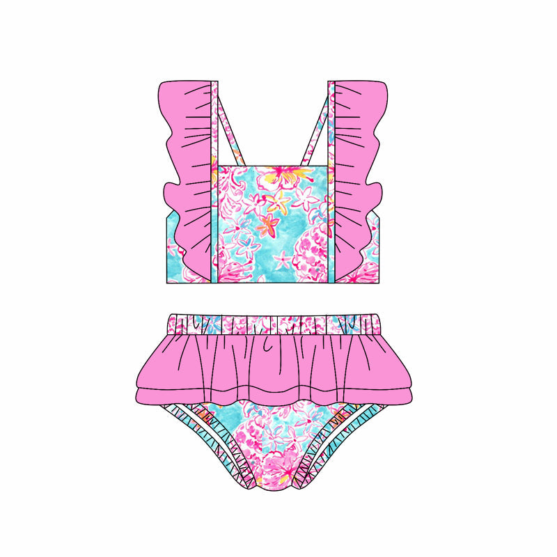 Preorder Baby Girl Seaweed Starfish Tops Pink Ruffle Shorts Swimsuit ( Moq 5 )
