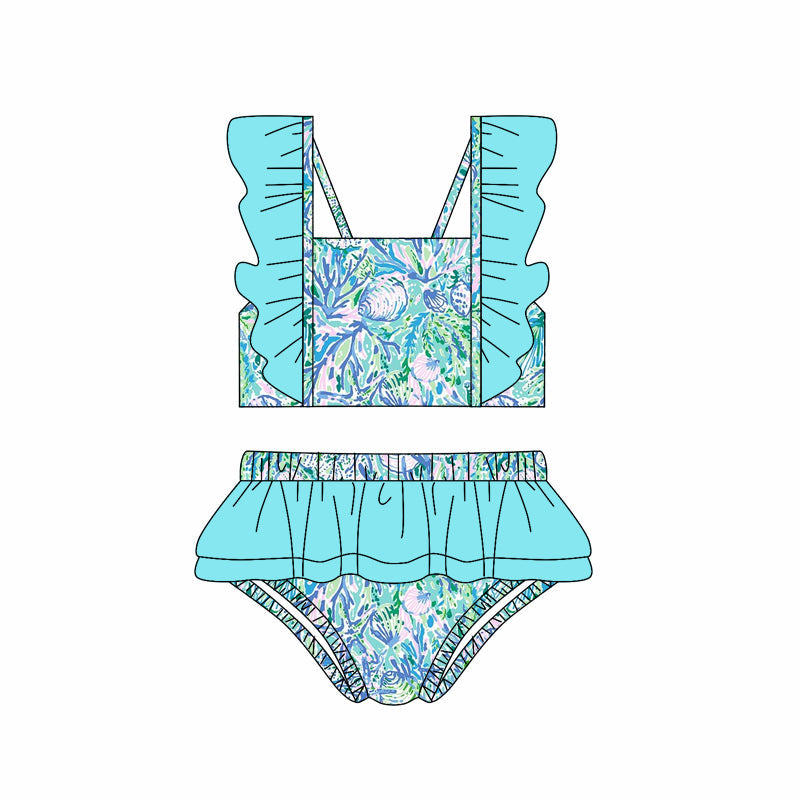Preorder Baby Girl Ruffle Seaweed Seashell Tops Shorts Swimsuit ( Moq 5 )