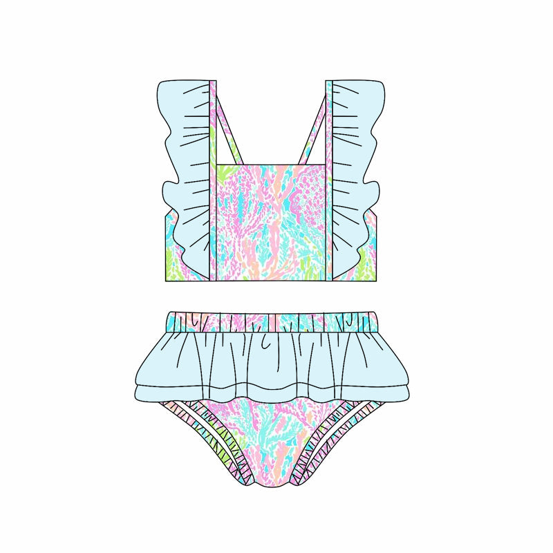 Preorder Baby Girl Seaweed Tops Blue Ruffle Shorts Swimsuit ( Moq 5 )