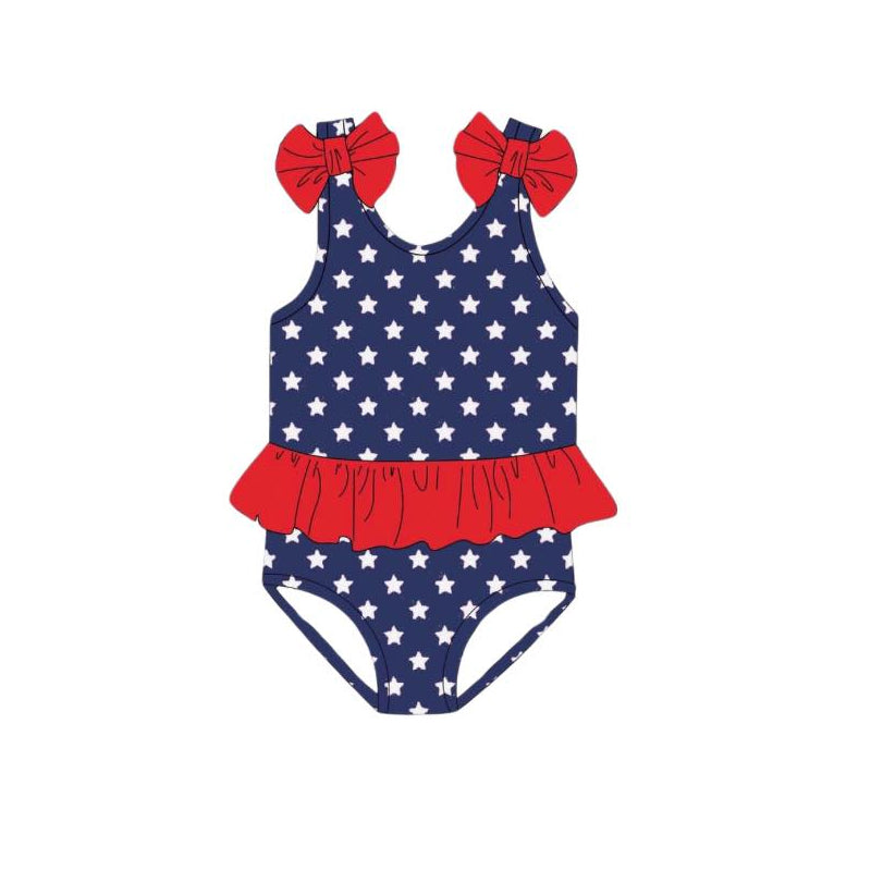 Preorder Baby Girl Sleeveless Bows July 4th Stars One Piece Swimsuit ( Moq 5 )