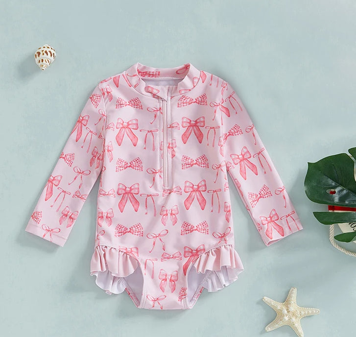 Preorder Baby Girl Long Sleeves Pink Bows Ruffle One-piece Swimsuit ( Moq 5 )