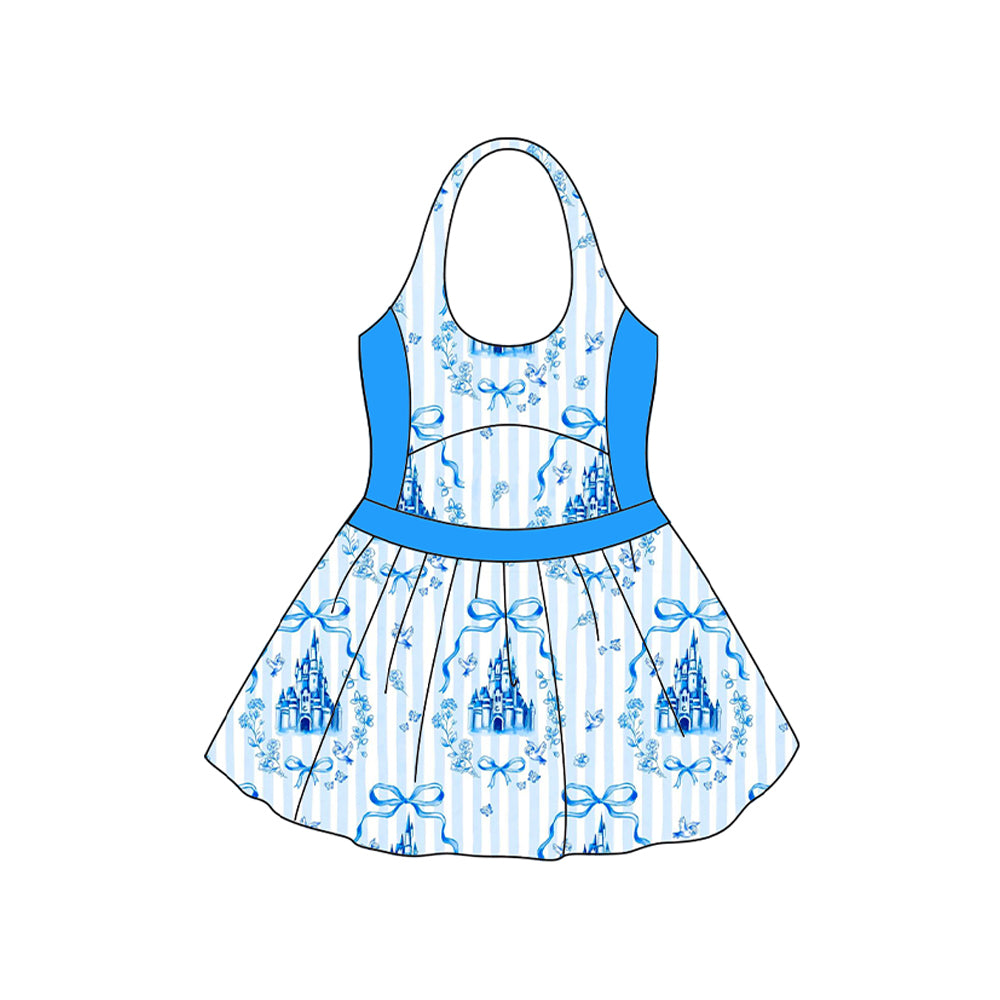 Preorder Baby Girl Halter Blue Bows Floral One Piece Dress Swimsuit ( Moq 5 )