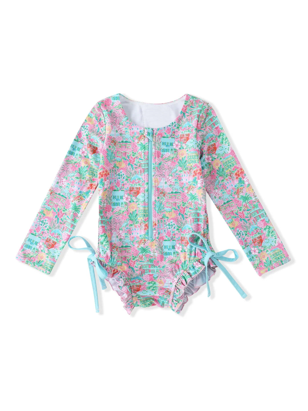 Preorder Baby Girl Toddler Long Sleeves Floral Bows Summer Zipper One Piece Swimsuit ( Moq 5 )