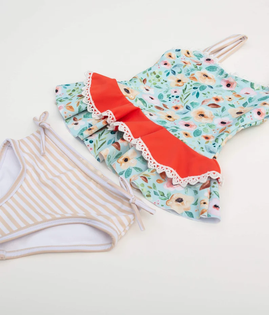 ( Moq 5 ) Preorder Baby Girls Flower Ruffle Tops Stripes Bummie Shorts Swimsuit