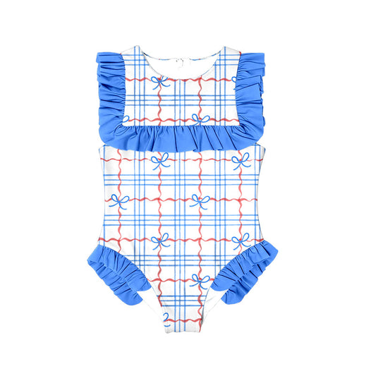 ( Moq 5 ) Preorder Baby Girls Bows Plaid July 4th Blue Ruffle One-piece Swimsuit