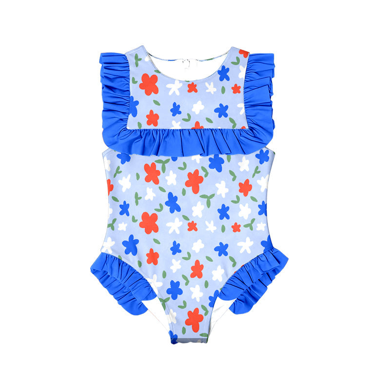 ( Moq 5 ) Preorder Baby Girls Short Sleeves Flowers July 4th Blue Ruffle One-piece Swimsuit