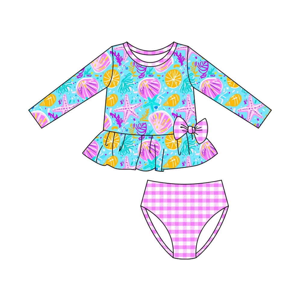 ( Moq 5 ) Preorder Baby Girls Long Sleeves Shells Starfish Bows Tops Plaid Bummie Swimsuit