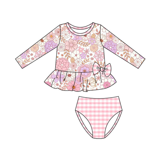 ( Moq 5 ) Preorder Baby Girls Long Sleeves Flower Bows Tops Plaid Bummie Swimsuit