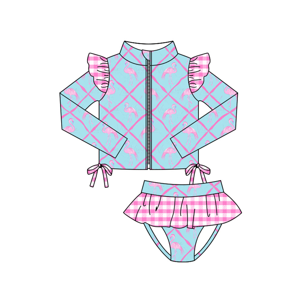 ( Moq 5 ) Preorder Baby Girls Long Sleeves Plaid Zipper Tops Ruffle Bummie Swimsuit