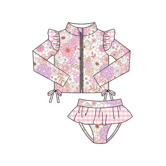 ( Moq 5 ) Preorder Baby Girls Long Sleeves Flower Zipper Tops Ruffle Plaid Bummie Swimsuit