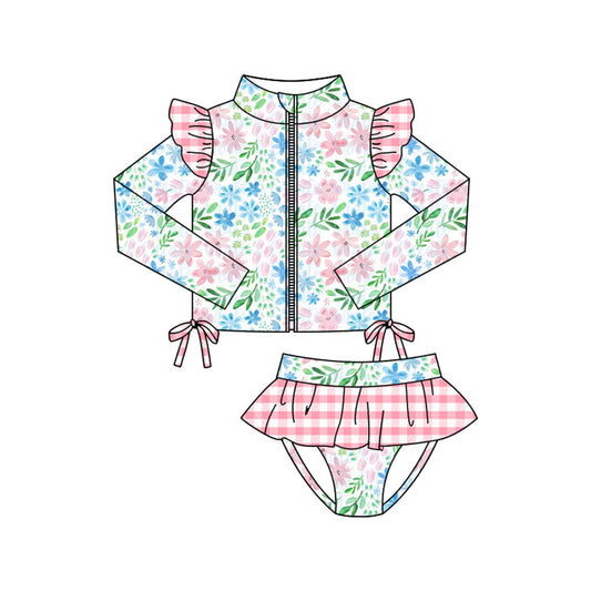 ( Moq 5 ) Preorder Baby Girls Flower Zipper Ruffle Tops Pink Plaid Bummie Shorts Swimsuit