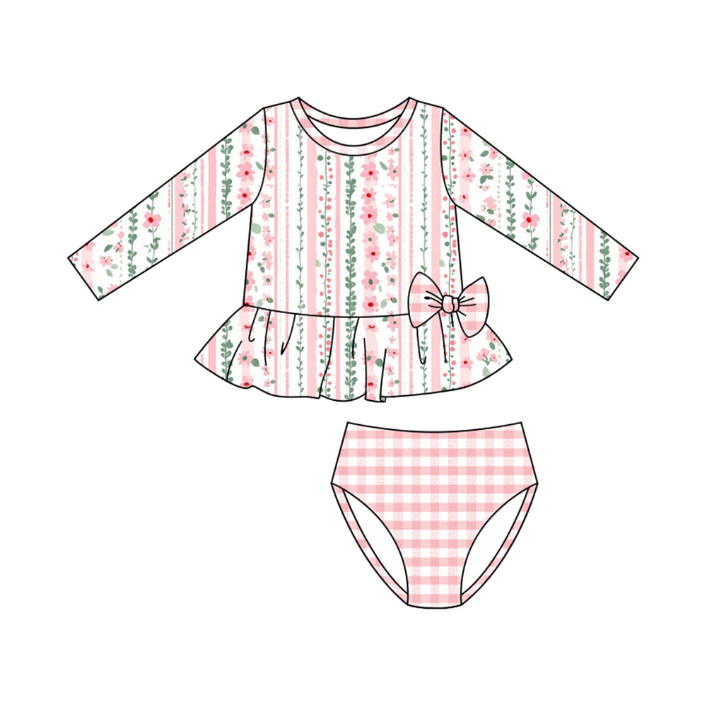 ( Moq 5 ) Preorder Baby Girls Long Sleeves Flower Stripes Tops Pink Plaid Bummie Shorts Swimsuit