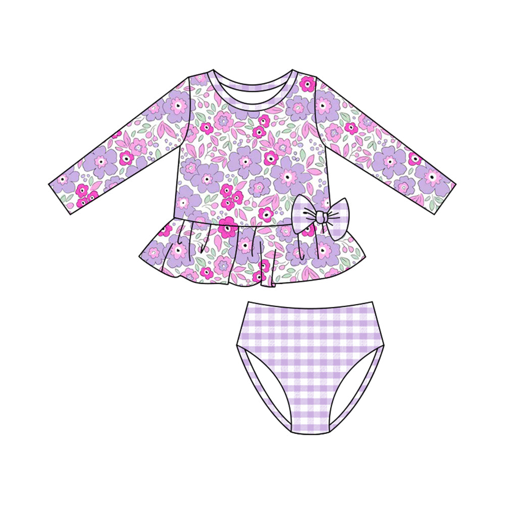 ( Moq 5 ) Preorder Baby Girls Long Sleeves Flower Tops Purple Plaid Bummie Shorts Swimsuit