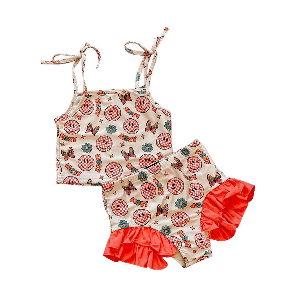 ( Moq 5 ) Preorder Baby Kids Girls Straps Smile Flower Tops Shorts Swimsuit Set