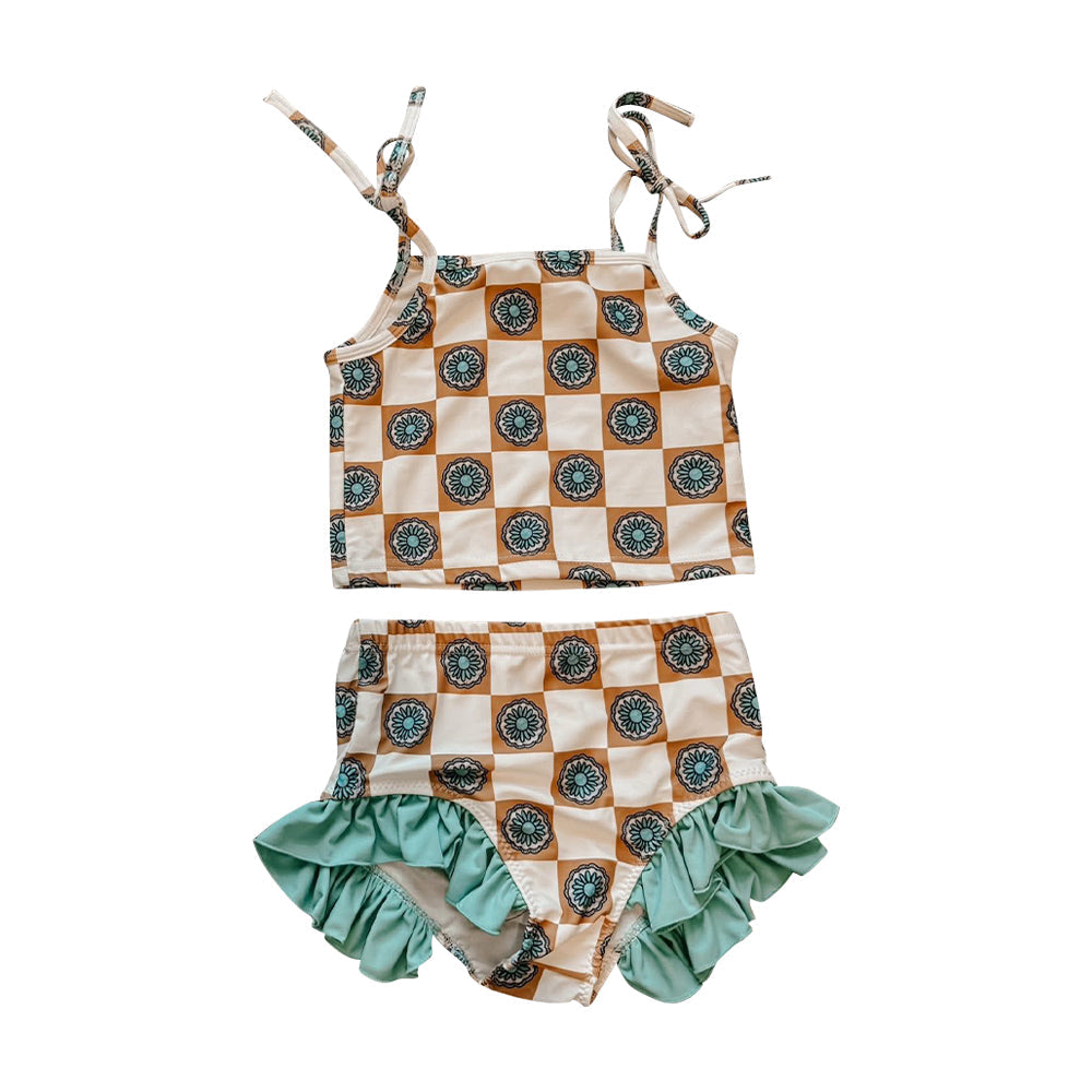 ( Moq 5 ) Preorder Baby Kids Girls Straps Turquoise Plaid Tops Shorts Swimsuit Set