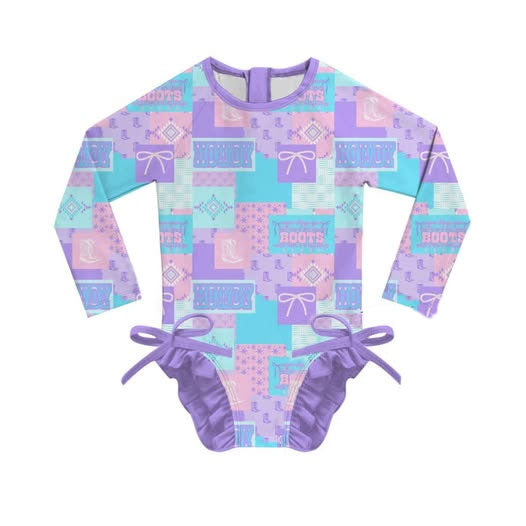 ( Moq 5 ) Preorder Baby Girls Long Sleeves Boots Bows Aztec Western Purple Swimsuit