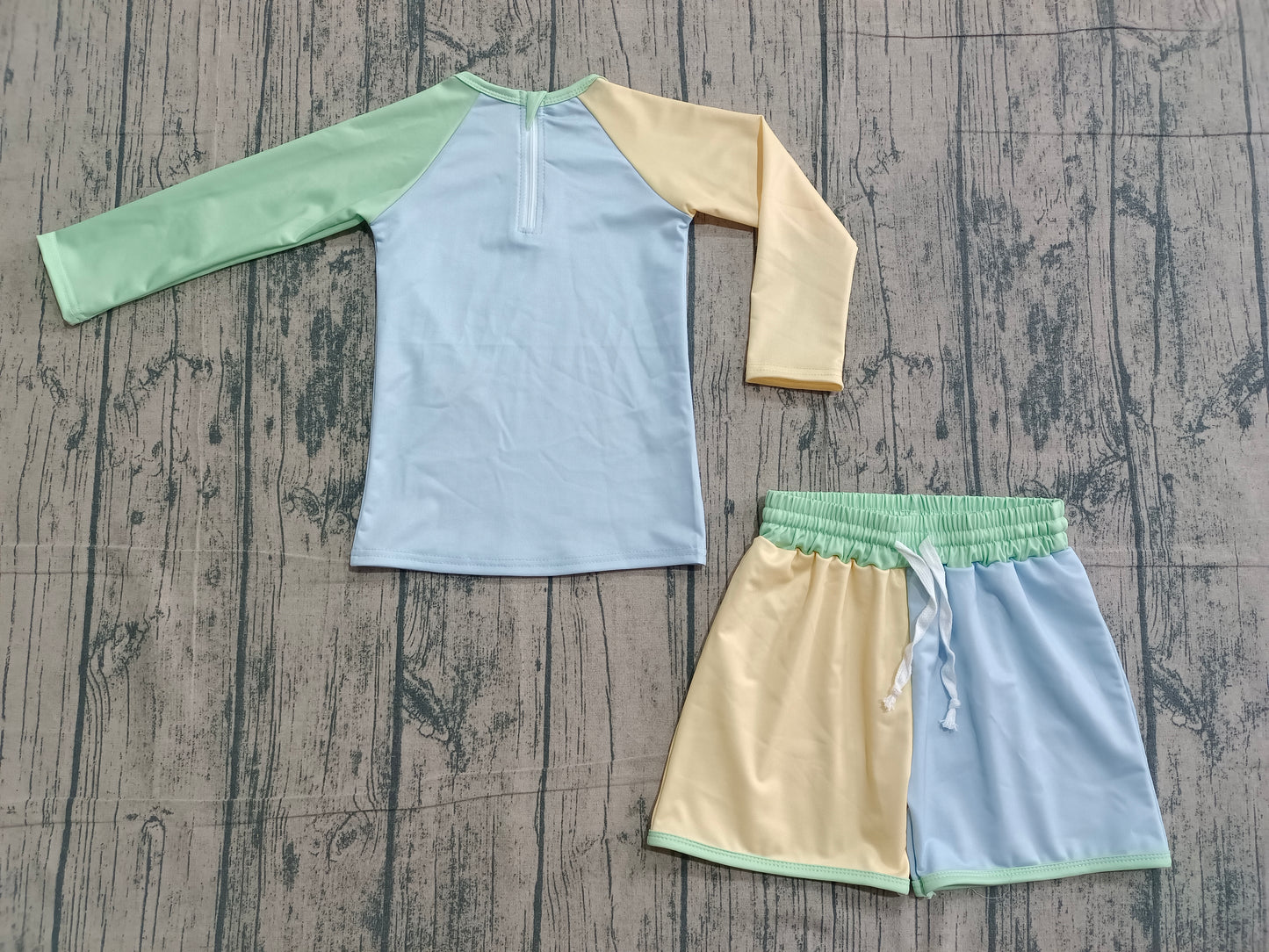 Baby Boys Long Sleeves Zipper Shirt Blue Yellow Shorts Set Swimsuit RTS