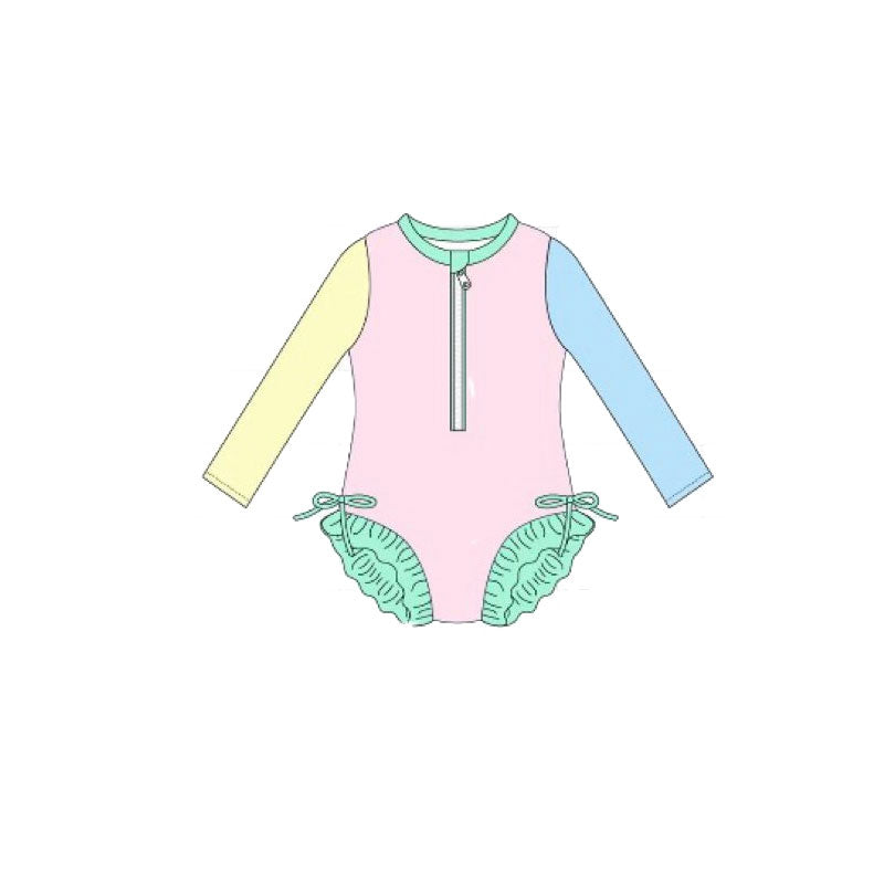 ( Moq 5 ) Preorder Baby Girls Kids Long Sleeves Zipper Bows Ruffle One-piece Swimsuit